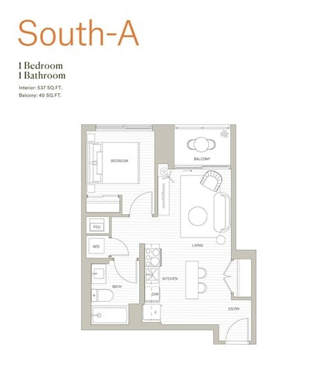 Floor plan for 1 bed, 1 bath, 537 sqft